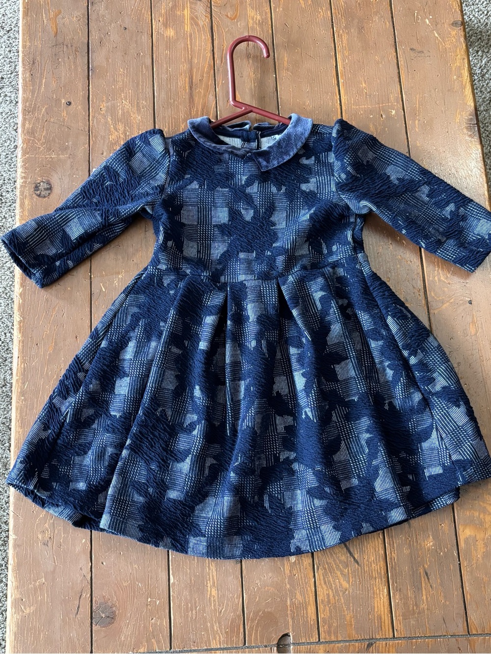 Janie and Jack Navy Plaid Floral Knit Girls' Dress with Velvet Peter Pan Collar